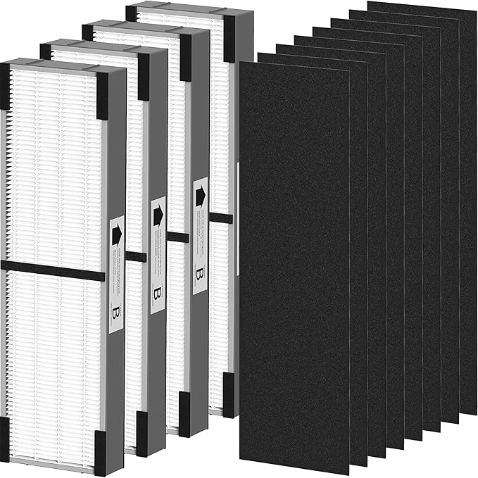 FLT4825SM HEPA Smoke Clear Filter B Replacement Compatible with G-Guardian AC4825, AC4300, AC4850, AC4880, AC4900, CDAP4500, AP2200 Air Purifier, 4 True HEPA Filters & 8 Carbon Pre-Filters, Grey