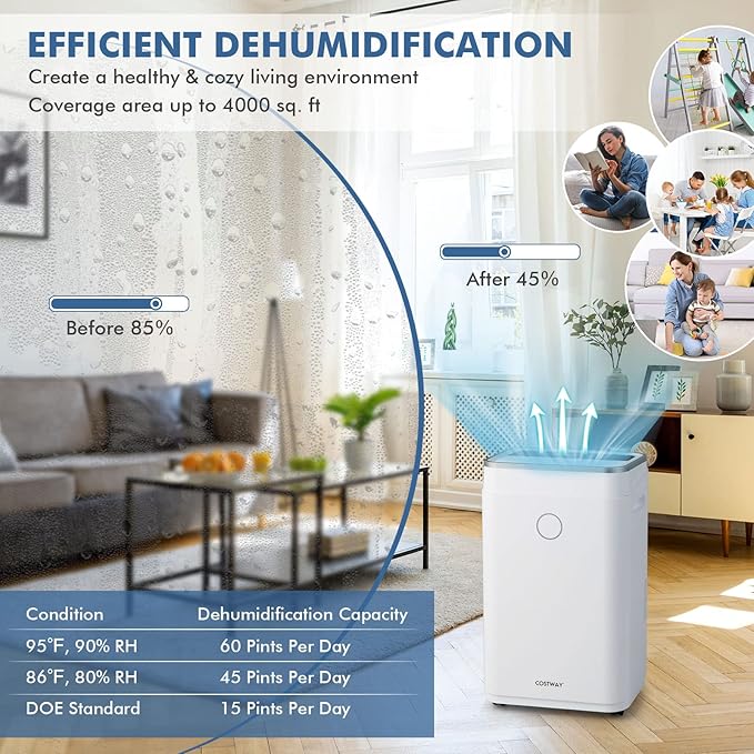 COSTWAY 4000 Sq. Ft Dehumidifier for Basement, 60 Pints Dehumidifier with Drain Hose, 3 Modes, 3-Color Digital Display, 24H Timer, 1.7 Gallon Water Tank, Auto Defrost, Ideal for Home, Large Room
