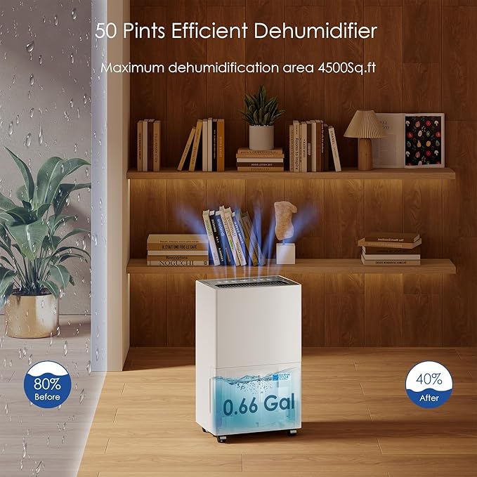 4500 Sq ft Dehumidifier for Home Basement, with Energy Star Cetificated 50 Pints Dehumidifier Drain Hose & Water Tank, Intelligent Humidity Control, Auto Defrost, for Bathroom Large Room