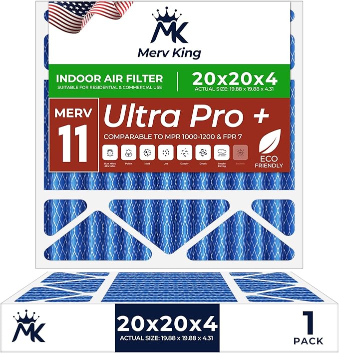 MervKing 20x20x4 Air Filter | MERV 11 | MPR 1000-1200 Ultra Pro | 1-Pack | Pleated HVAC AC Furnace Replacement Air Filters | Actual Size: 19.88" x 19.88" x 4.31"