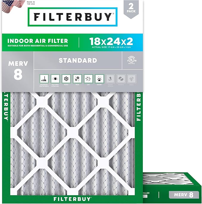 Filterbuy 18x24x2 Air Filter MERV 8 (MPR 700) Dust Defense Replacement (2-Pack), Electrostatic Pleated HVAC AC Furnace Filters, Made in USA (Actual Size: 17.38 x 23.38 x 1.75)