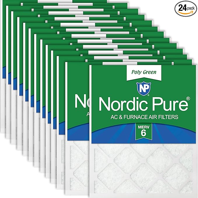 Nordic Pure 14x24x1 (Actual Size: 13 3/4 x 23 3/4 x 3/4) Poly Green MERV 6 AC Furnace Air Filters – Reduces Dust, Pollen, Pet Dander & Allergens – 24-Pack