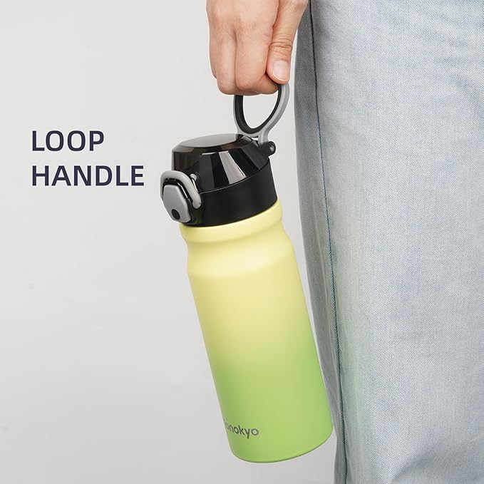 Insulated Water Bottle with Straw and Carry Loop,18 oz Stainless Steel Double Wall Vaccum Metal Water Flask with Leak-proof Lid,Lime-FlexoryFit