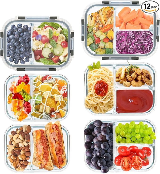 2 & 3 Compartment Meal Prep Containers - Glass Food Storage Lunch Containers with Lids, Bento Box, Portion Control, Freezer to Microwave Safe-FlexoryFit