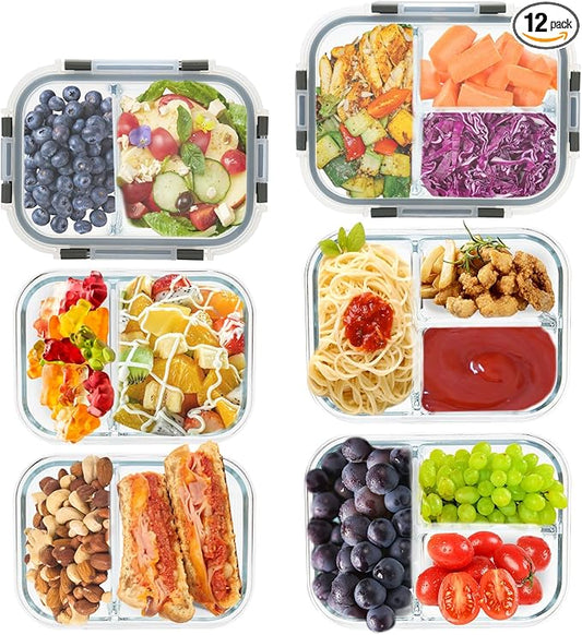 2 & 3 Compartment Meal Prep Containers - Glass Food Storage Lunch Containers with Lids, Bento Box, Portion Control, Freezer to Microwave Safe-FlexoryFit