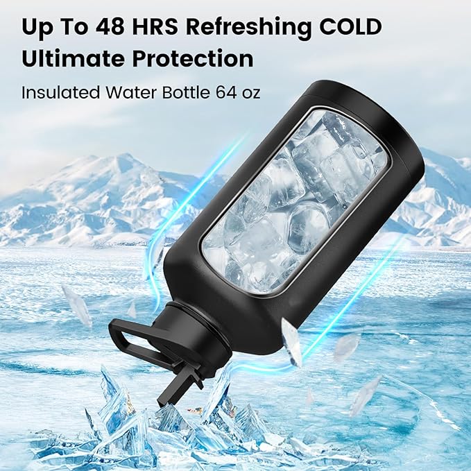 Insulated Water Bottle 64 oz, Triple Wall Vacuum Stainless Steel(Cold for 48 Hrs),Leak Proof & BPA-Free,Half Gallon Water Bottle with Reflective Paracord & Flip Straw for Sports & Travel, Black-FlexoryFit