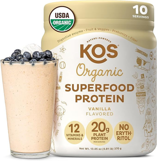 KOS Plant Based Protein Powder, Vanilla USDA Organic - Low Carb Pea Protein Blend, Vegan Superfood Rich in Vitamins & Minerals - Keto, Soy, Dairy Free - Meal Replacement for Women & Men - 10 Servings-FlexoryFit