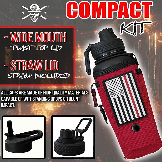 Iron Infidel Battle Bottle - 32 Oz Insulated Water Bottle with Straw Lid & Chug Cap, Stainless Steel Metal Flask Includes Rugged, Removable Sleeve for Keys, Wallet, & Phone (Thin Red Line 1 Liter)-FlexoryFit