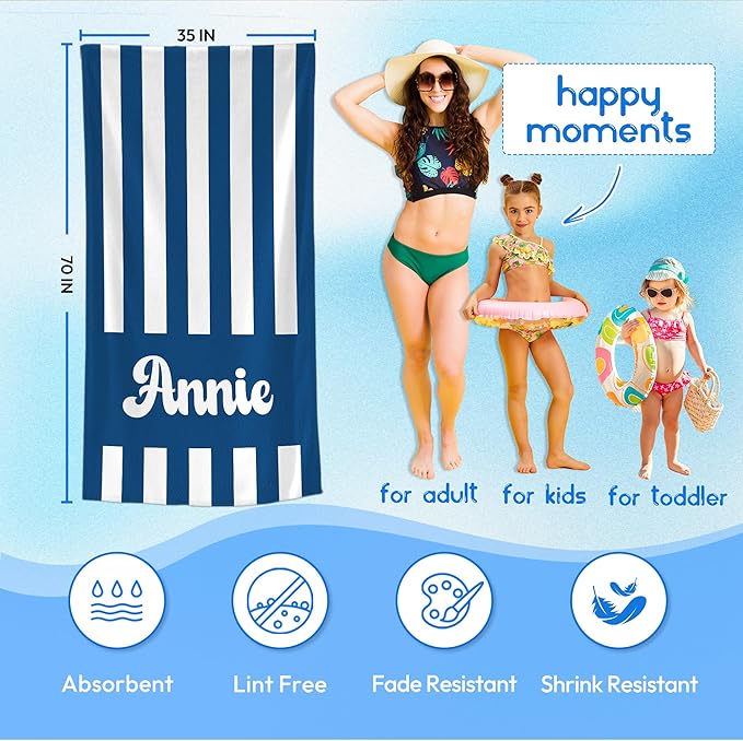 JML Personalized Beach Towel with Name, Custom Cabana Stripe Beach Towel, Customized Microfiber Pool Towel, Quick Dry & Absorbent Swim Towel for Adult,Mother's Day, Birthday, Summer Holiday,Vacation-FlexoryFit