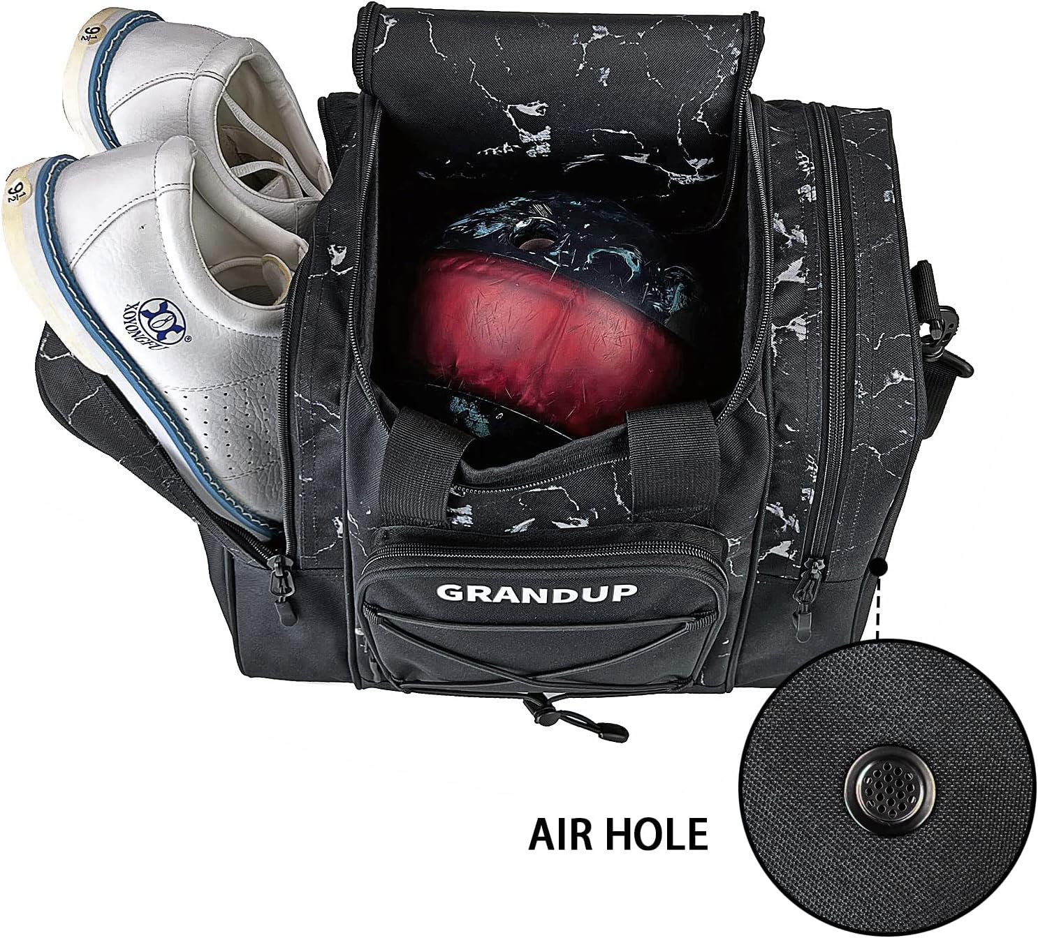 GRANDUP Bowling Ball Bag for Single Ball - Black Bowling accessories Ball Tote Bag Bowling Bag with Padded Ball Holder - Fits Bowling Shoes Up to Mens Size 14
