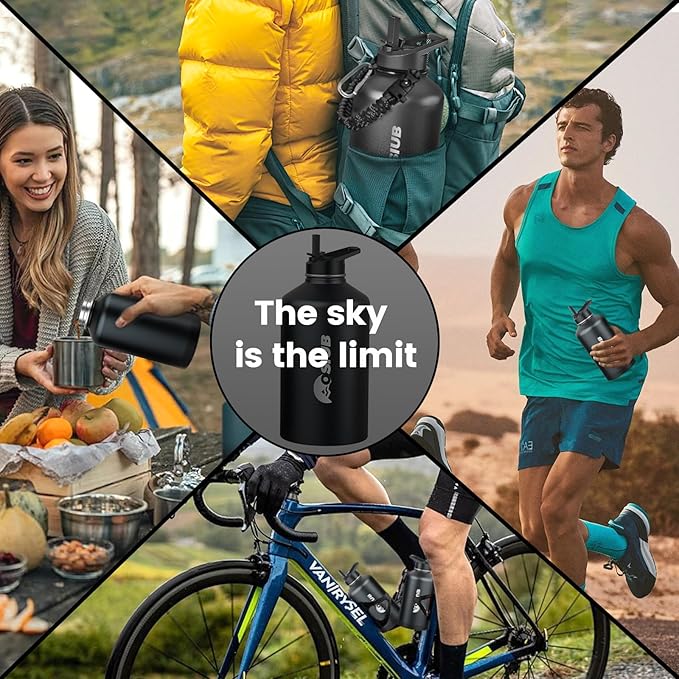 Insulated Water Bottle 87 oz, Triple Wall Vacuum Stainless Steel(Cold for 48 Hrs),Leak Proof & BPA-Free,Half Gallon Water Bottle with Reflective Paracord & Flip Straw for Sports & Travel, Black-FlexoryFit