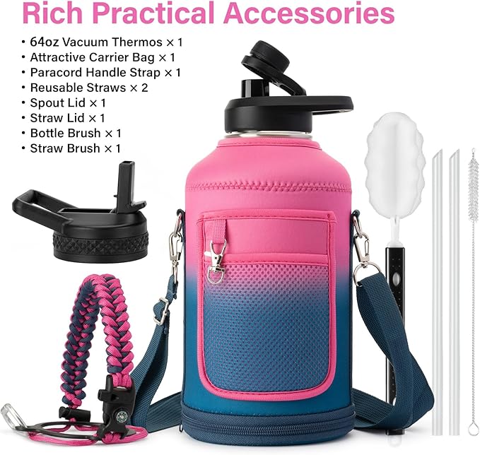 Insulated Water Bottle | Thickened Stainless Steel Vacuum Metal | Portable Sports Half Gallon Large Water Jug for Gym and Hiking with Straw, Carrier Bag, Handle Strap | BPA-Free 64 oz-FlexoryFit