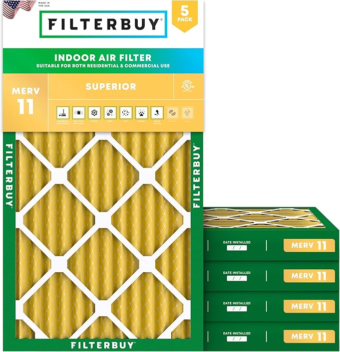 Filterbuy 16x30x2 Air Filter MERV 11 (MPR 1200) Allergen Defense Replacement (5-Pack), Electrostatic Pleated HVAC AC Furnace Filters, Made in USA (Actual Size: 15.69 x 29.69 x 1.75)