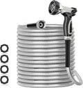 25ft 304 Stainless Steel Garden Hose Metal, Heavy Duty Water Pipe with Nozzles for Yard, Outdoor - Flexible, Never Kink & Tangle, Puncture Resistant (Sliver)