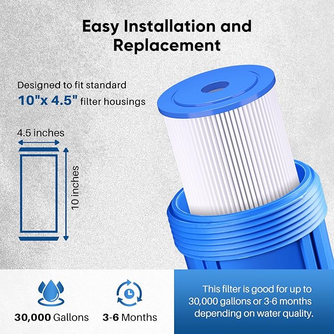 PUREPLUS 20 Micron 10" x 4.5" Whole House Pleated Sediment Filter for Well Water, Replacement Cartridge for GE FXHSC, Culligan R50-BBSA, Pentek R50-BB, DuPont WFHDC3001, W50PEHD, GXWH40L, 3Pack