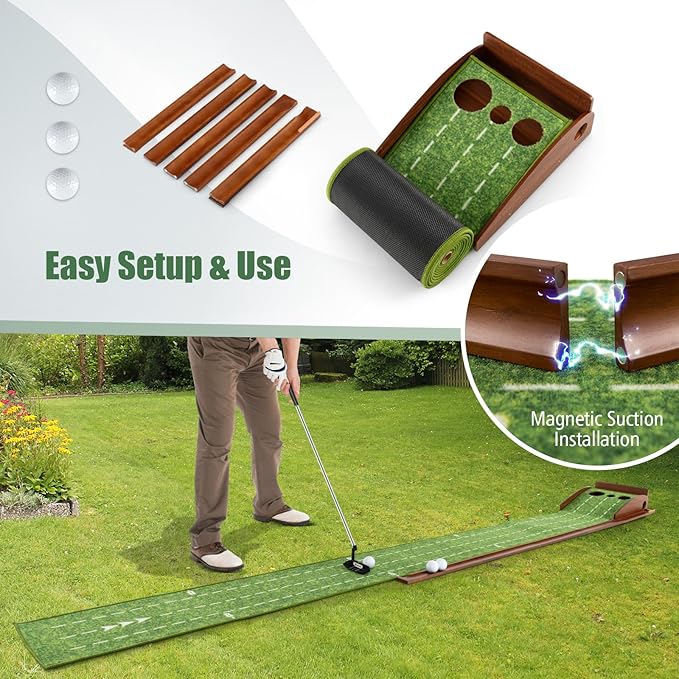 Tangkula 10 FT Golf Putting Green, 2/3-Hole Golf Putting Practice Mat with Auto Ball Return for Indoors & Outdoors, Alignment Guides & 3 Golf Balls, Mini Golf Game for Home and Office