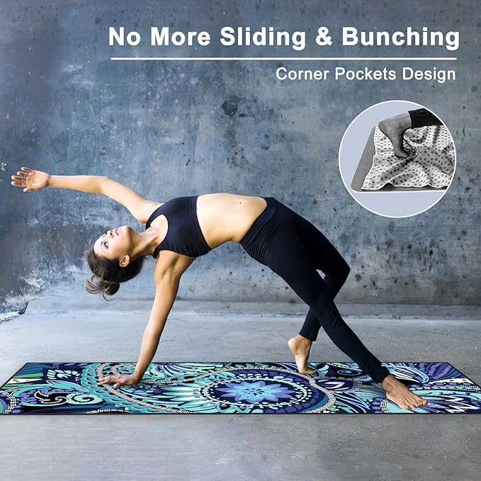QiyI Yoga Mat Towel with Corner Pockets, Non Slip Sweat Absorbent Hot Yoga Towels, Soft Yoga Blankets with Travel Bag, Skidless Mat Cover for Workout, Gym, Fitness - 70"x26", Vintage Paisley-FlexoryFit