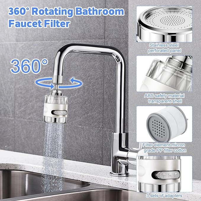 3 Pack Sink Water Filter Faucet, Universal 360 ° Rotating Faucet Filter for Kitchen Sink, 3 Modes Bathroom Faucet Filter Removes Chlorine Fluoride Heavy Metals Hard Water for Home Kitchen & Bathroom