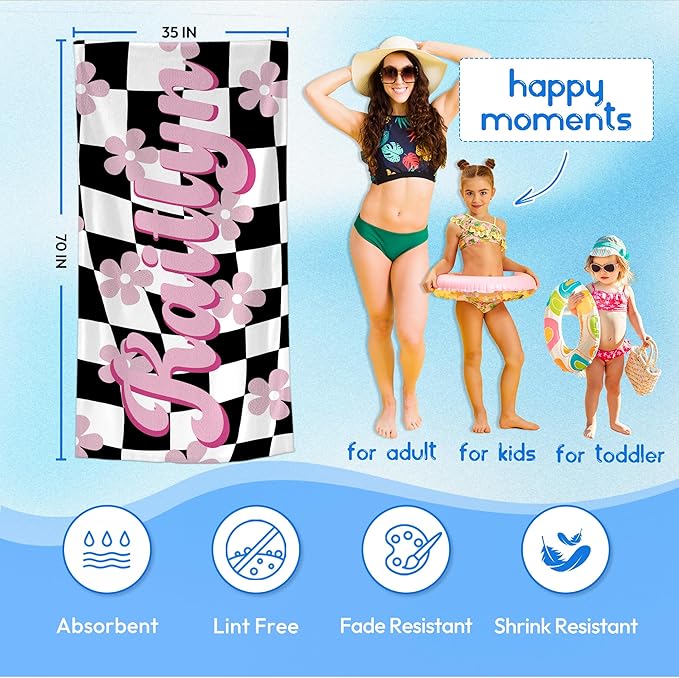 JML Personalized Beach Towel with Name, Custom Flower Beach Towel, Customized Microfiber Pool Towel, Quick Dry & Absorbent Swim Towel for Adult,Mother's Day, Birthday, Summer Holiday,Vacation-FlexoryFit
