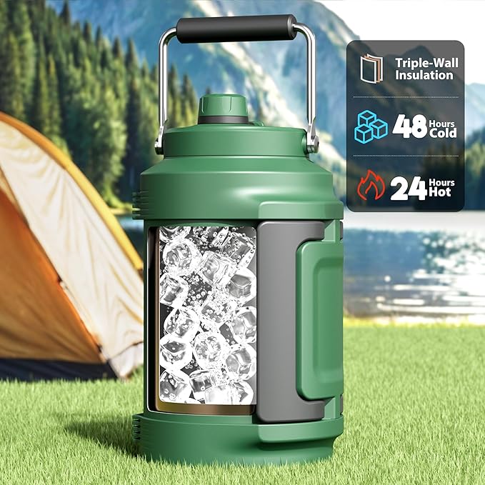 1 Gallon Insulated Water Bottle for Hiking: Meoky 128 oz Triple Wall Vacuum Stainless Steel Metal Water Jug - Top and Side Handles, Cold for 48 Hrs, 2-in-1 Straw and Spout Lid, Leakproof for Gym (Fir)-FlexoryFit
