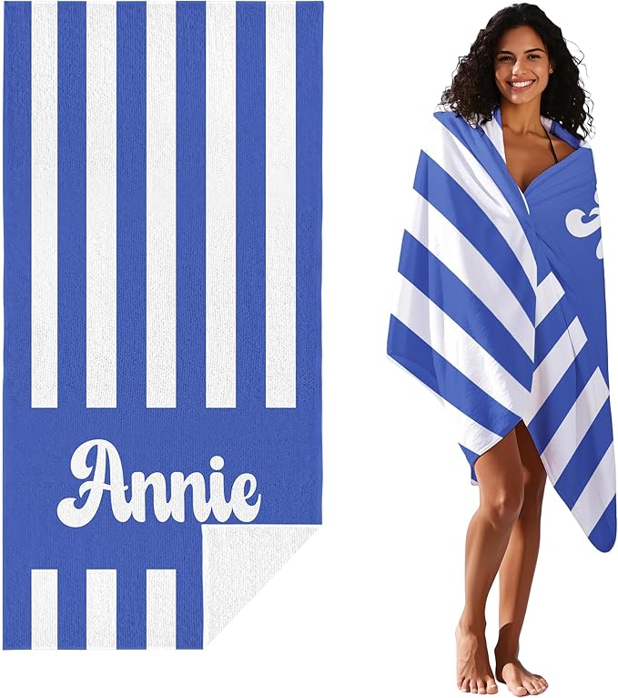 JML Personalized Beach Towel with Name, Custom Cabana Stripe Beach Towel, Customized Microfiber Pool Towel, Quick Dry & Absorbent Swim Towel for Adult,Mother's Day, Birthday, Summer Holiday,Vacation-FlexoryFit