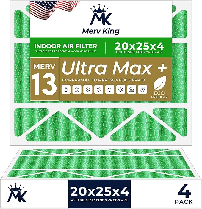 MervKing 20x25x4 Air Filter Actual Size: 19.88" x 24.88" x 4.31" MERV 13 MPR 1500-1900 | MADE IN USA | 4-Pack | Pleated HVAC AC Furnace Replacement