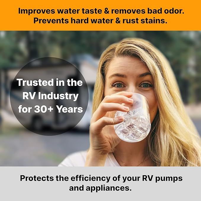 Essential RV Water Softener Portable 16,000 Grain w Custom Hose, Long Lasting for RVers Vanlife, 3/4" Fittings, Softens Hard Water When Traveling or Mobile Spot Reducing Car Washing