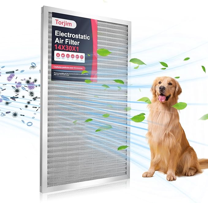 Torjim 14x30x1 MERV8 Washable Electrostatic Air Filter - AC/HVAC Furnace Filter, Permanent, Easy Install, Breathe Fresher