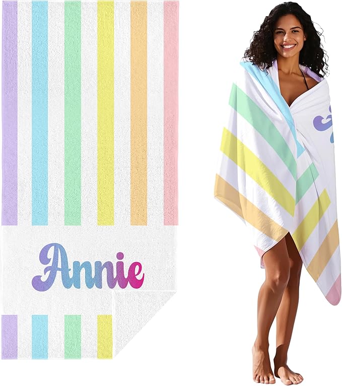 JML Personalized Beach Towel with Name, Custom Rainbow Cabana Stripe Beach Towel, Customized Microfiber Pool Towel, Quick Dry & Absorbent Swim Towel for Adult,Anniversary, Birthday, Summer Holiday-FlexoryFit