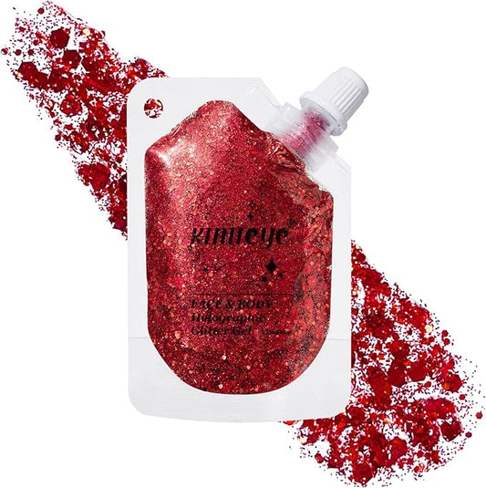 Holographic Face Glitter Gel Body Shimmer Makeup for for Hair, Face, Clavicle, Arm, Nail, Eyeshadow, Long Lasting Waterproof Mermaid Sequins Party Glitter for Rave Festival, 1.35oz (Garnet Red #14)-FlexoryFit