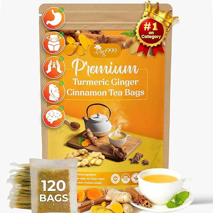 120 Bags Premium Turmeric Ginger Cinnamon Tea, Improve Digestion, Support Brain, Weight, Skin and Sleep, Eco-Conscious Tea Bags and Premium Natural Ingredients. Turmeric Ginger Herbal Tea. No Sugar, No Caffeine, No Gluten, Vegan.-FlexoryFit