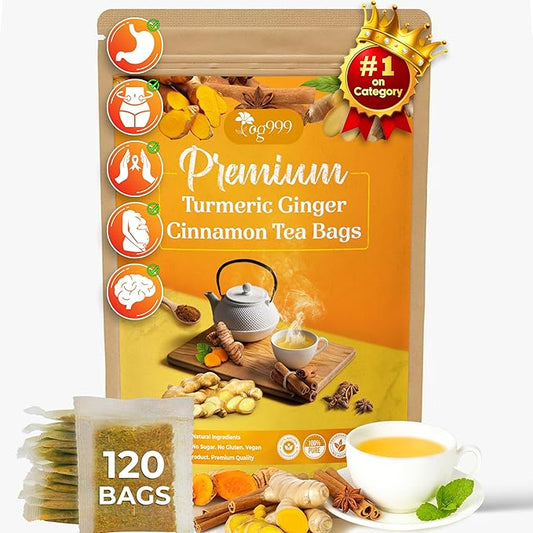 120 Bags Premium Turmeric Ginger Cinnamon Tea, Improve Digestion, Support Brain, Weight, Skin and Sleep, Eco-Conscious Tea Bags and Premium Natural Ingredients. Turmeric Ginger Herbal Tea. No Sugar, No Caffeine, No Gluten, Vegan.-FlexoryFit
