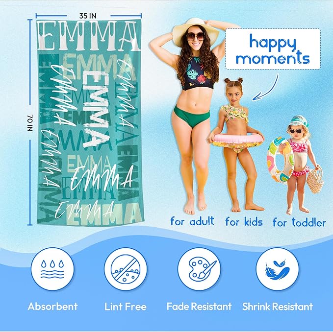 JML Personalized Beach Towel with Name, Custom Beach Towel with Name, Customized Microfiber Pool Towel, Quick Dry & Absorbent Swim Towel for Adult,Anniversary, Birthday, Summer Holiday,Vacation-FlexoryFit