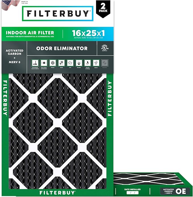 Filterbuy 16x25x1 Air Filter MERV 8 (MPR 700) Odor Eliminator Replacement (2-Pack), Electrostatic Pleated HVAC AC Furnace Filters w/Activated Carbon, Made in USA (Actual Size: 15.50 x 24.50 x 0.75)