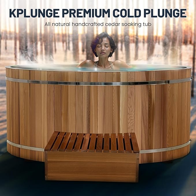 Premium 62-in. Oval Cedar Wood Cold Plunge and Hot Tub with Stainless Steel Interior, Wooden Step, Foldable Thick Cover, Headrest, and Barrel Hoop for Indoor and Outdoor Recovery Use – Tub Only
