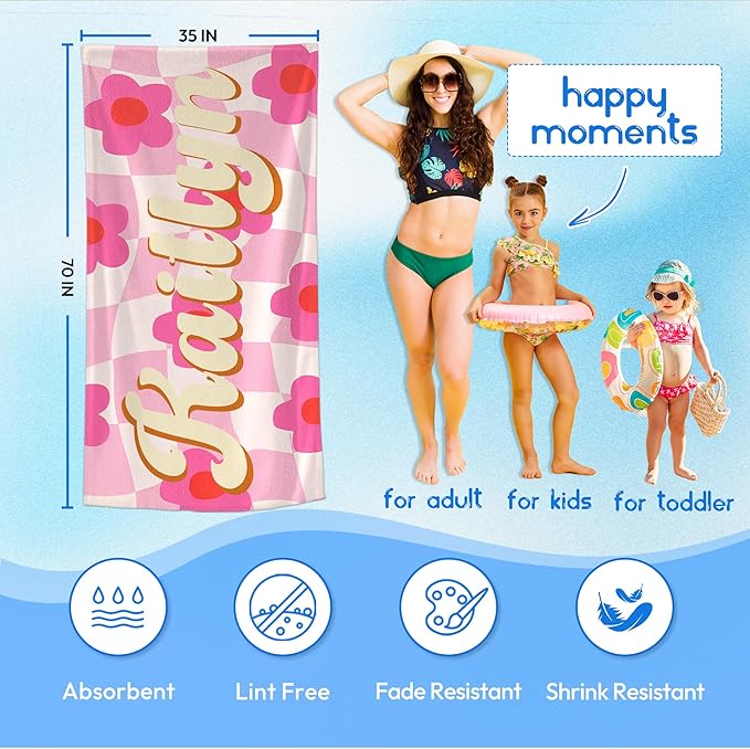 JML Personalized Beach Towel with Name, Custom Flower Beach Towel, Customized Microfiber Pool Towel, Quick Dry & Absorbent Swim Towel for Adult,Anniversary, Birthday, Summer Holiday,Vacation-FlexoryFit