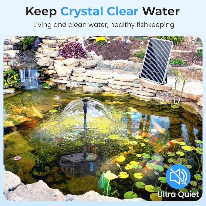 POPOSOAP Pond Filter with 12W Solar Fountain Pump, Solar Pond Filter with 160GPH Pump & Fountain Kit, Outdoor Filter Box with 6.6FT PVC Tubing, Perfect for Ponds Clean, Clear, and Add Water Features