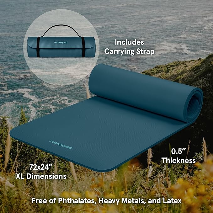Retrospec Solana Yoga Mat 1/2" Thick w/Nylon Strap for Men & Women - Non Slip Exercise Mat for Yoga, Pilates, Stretching, Floor & Fitness Workouts-FlexoryFit