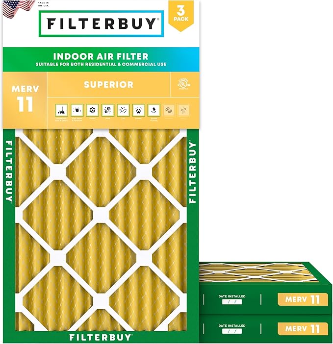 Filterbuy 16x30x2 Air Filter MERV 11 (MPR 1200) Allergen Defense Replacement (3-Pack), Electrostatic Pleated HVAC AC Furnace Filters, Made in USA (Actual Size: 15.69 x 29.69 x 1.75)