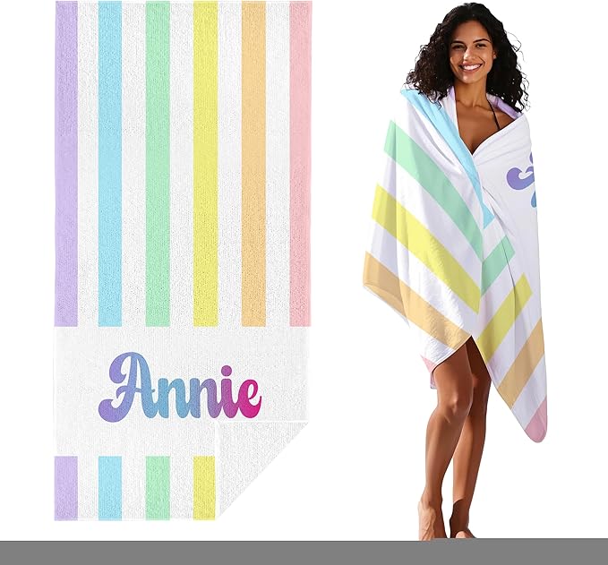 JML Personalized Beach Towel with Name, Custom Rainbow Cabana Stripe Beach Towel, Customized Microfiber Pool Towel, Quick Dry & Absorbent Swim Towel for Adult,Anniversary, Birthday, Summer Holiday-FlexoryFit