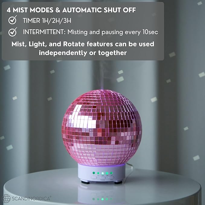SCANDINORDICA Disco Ball Diffuser Rotating - Essential Oil Diffuser with Whisper Quiet Operation, Unique Preppy Room Decor | Aromatherapy Diffuser for Medium Room Pink
