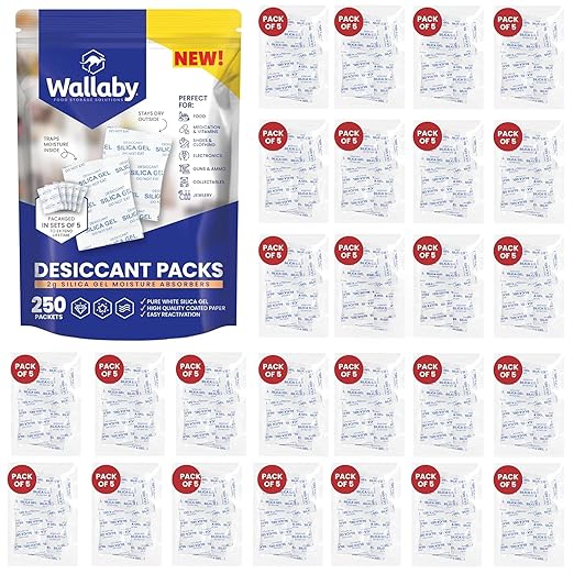 Wallaby 2 gram (250 Packets) Food Safe Pure White Silica Gel Desiccant Dehumidifier Packs - Rechargeable & Coated Moisture Absorbers - Protects Against Moisture Damage - (Packed in 50x Sets of 5)