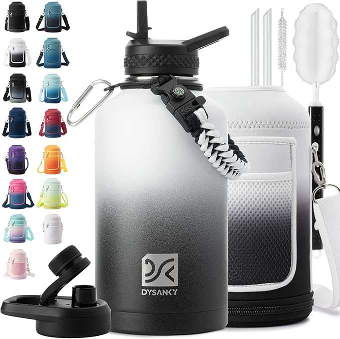 Insulated Water Bottle | Thickened Stainless Steel Vacuum Metal | Portable Sports Half Gallon Large Water Jug for Gym and Hiking with Straw, Carrier Bag, Handle Strap | BPA-Free 64 oz-FlexoryFit