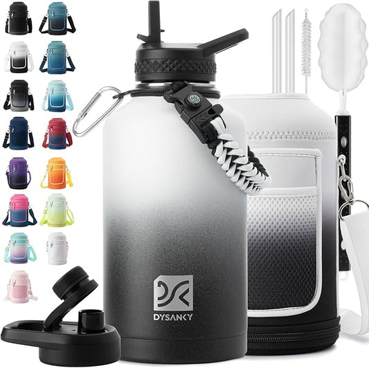 Insulated Water Bottle | Thickened Stainless Steel Vacuum Metal | Portable Sports Half Gallon Large Water Jug for Gym and Hiking with Straw, Carrier Bag, Handle Strap | BPA-Free 64 oz-FlexoryFit