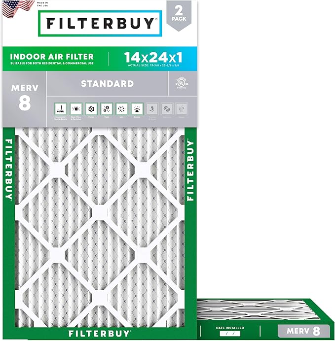 Filterbuy 14x24x1 Air Filter MERV 8 (MPR 700) Dust Defense Replacement (2-Pack), Electrostatic Pleated HVAC AC Furnace Filters, Made in USA (Actual Size: 13.38 x 23.38 x 0.75)