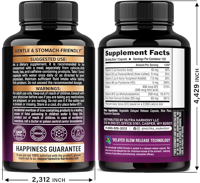 Iron Supplement for Women - Iron 65mg (Ferrous Sulfate 325mg) - Stomach Friendly | Slow Release Iron | High Absorption - Vitamins C, D3, B6, B12 & Folate - Iron Level & Energy Support - 120 Capsules-FlexoryFit