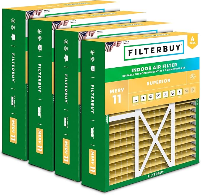 Filterbuy 16x20x5 Air Filter MERV 11 (MPR 1200) Allergen Defense (4-Pack), Pleated HVAC AC Furnace Filters for Honeywell FC100A1003, Lennox X0592, and More (Actual Size: 15.75 x 19.75 x 4.38)