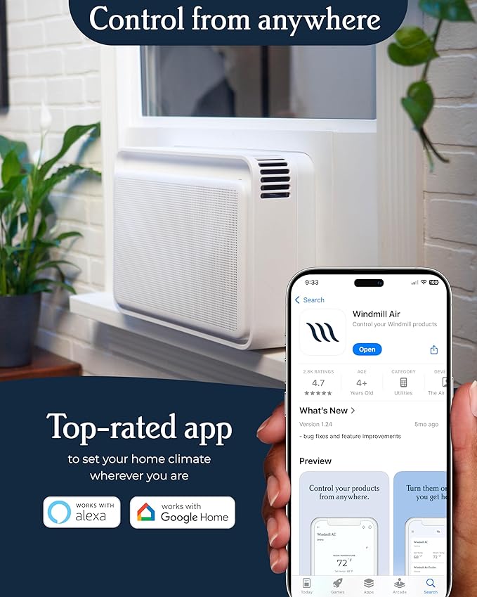 Windmill 10,000 BTU Inverter Window Air Conditioner with WhisperTech - Ultra-Quiet & Smart, Cools up to 450 Sq. Ft. - Easy Install, App/Wi-Fi, Voice-Enabled, Remote Control, High Energy Efficiency