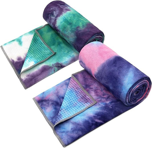 Eunzel 2 Pack Yoga Towel,Hot Yoga Mat Towel with Grip Dots Sweat Absorbent Non-Slip for Hot Yoga, Pilates and Workout 24" x72，Purple & Blue/Green & Purple (2 Pack)-FlexoryFit