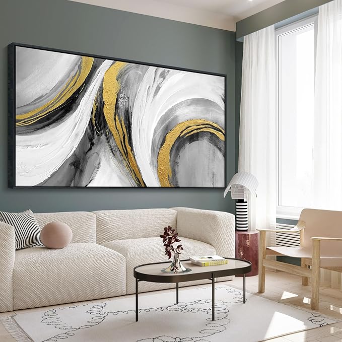 White Gold Wall Art - Abstract Framed Large Size Black White Gold Hand Drawn Textures Artwork Ink Dances With Gold Canvas Painting for Living Room Office Hallway Bed Above Decor 29"X58"-FlexoryFit